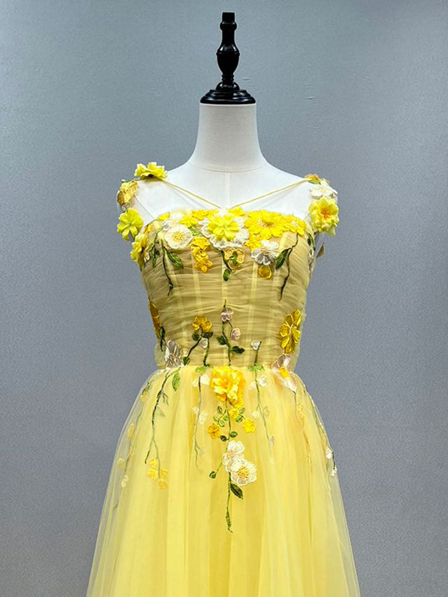 Gelbes Ballkleid mit floraler Spitzenapplikation für Feenmädchen, Partykleider YE3028 