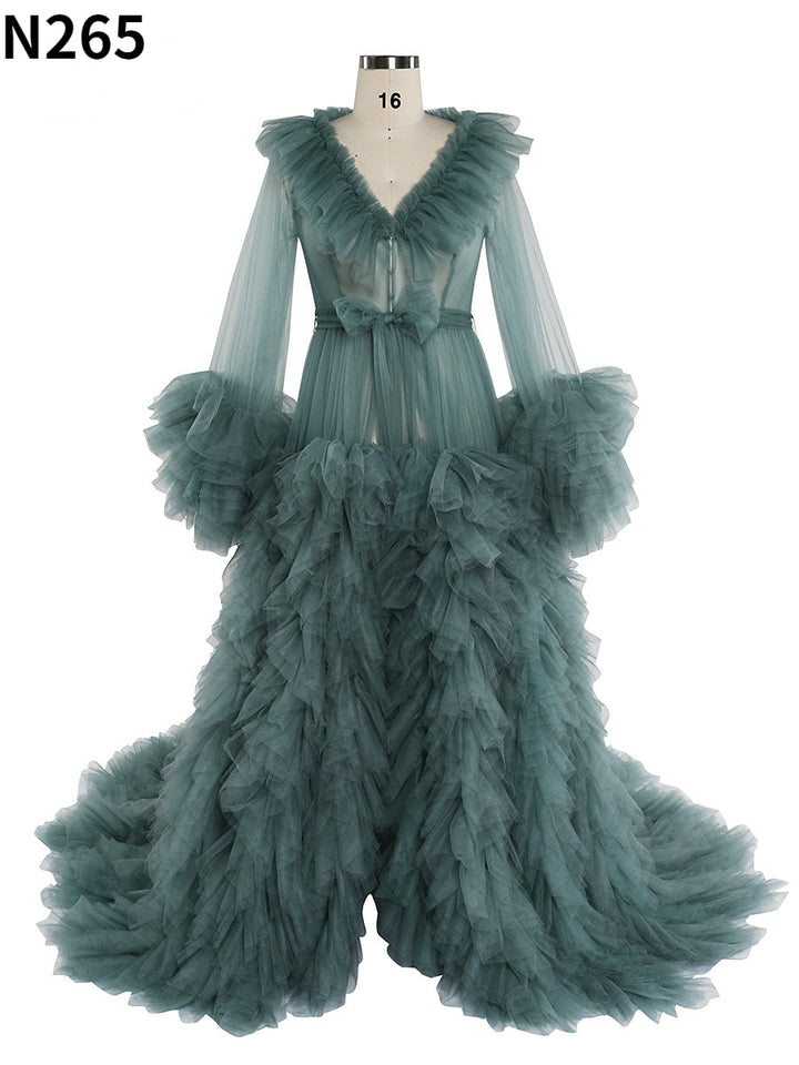 Champagnerfarbenes Umstandskleid mit V-Ausschnitt und Rüschen, langärmlig, für Fotoshootings, Ballkleid 