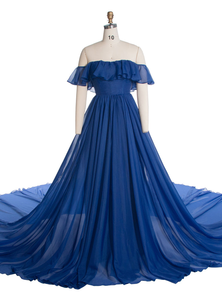 Königsblaues fliegendes Kleid für Fotoshooting, lange Schleppe, weiche Seidenorganza, Fotokleid YW240114