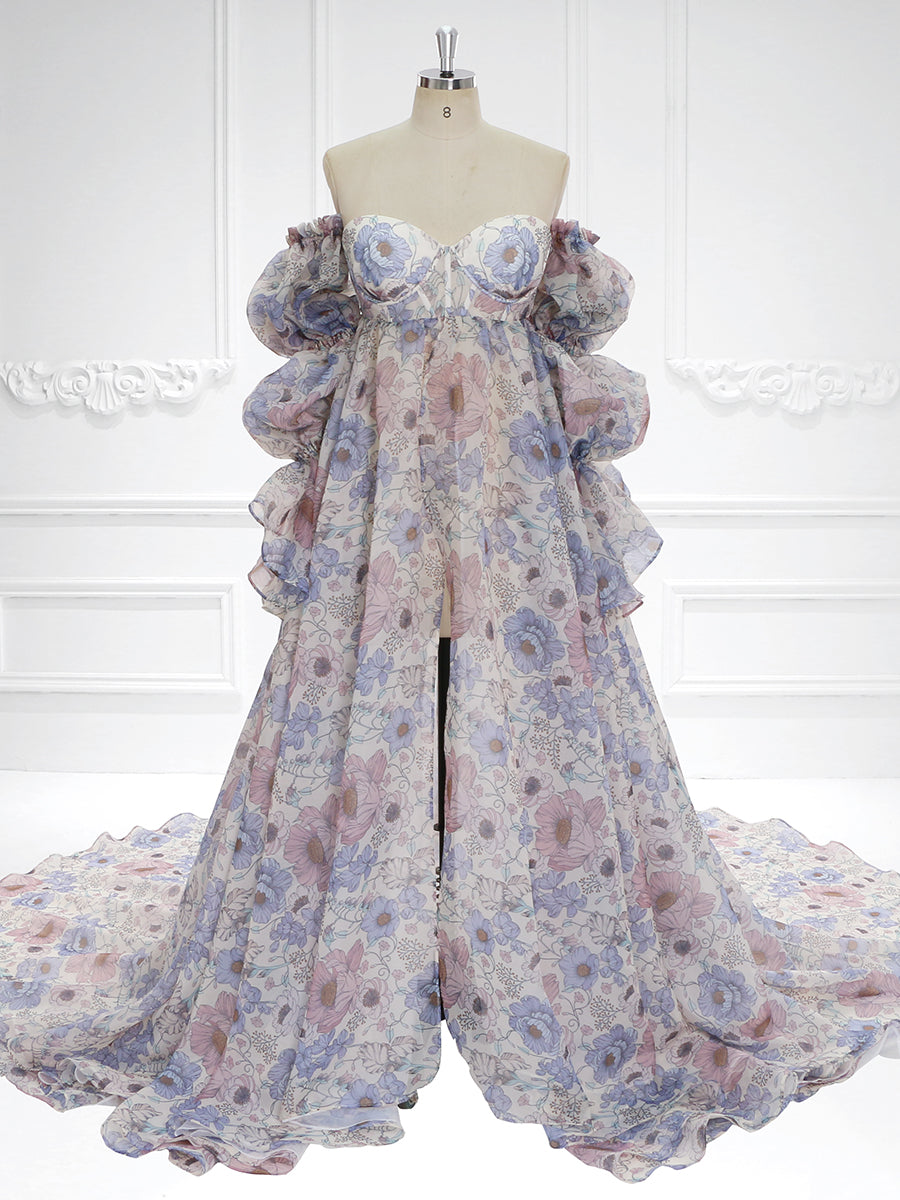 Neue Umstandskleider aus Organza-Seide mit Blumendruck für Fotoshootings, Babypartys, Fotografie-Requisiten, Schnürung am Rücken, YW221105 
