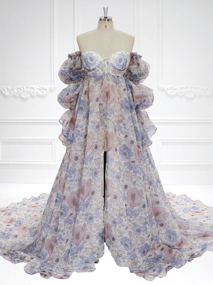 Neue Umstandskleider aus Organza-Seide mit Blumendruck für Fotoshootings, Babypartys, Fotografie-Requisiten, Schnürung am Rücken, YW221105 