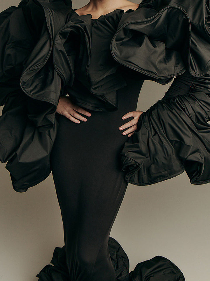 Schwarzes Couture-Meerjungfrauenkleid für Fotoshootings, einzigartige gerüschte Ärmel und rückenfreie Kleider 