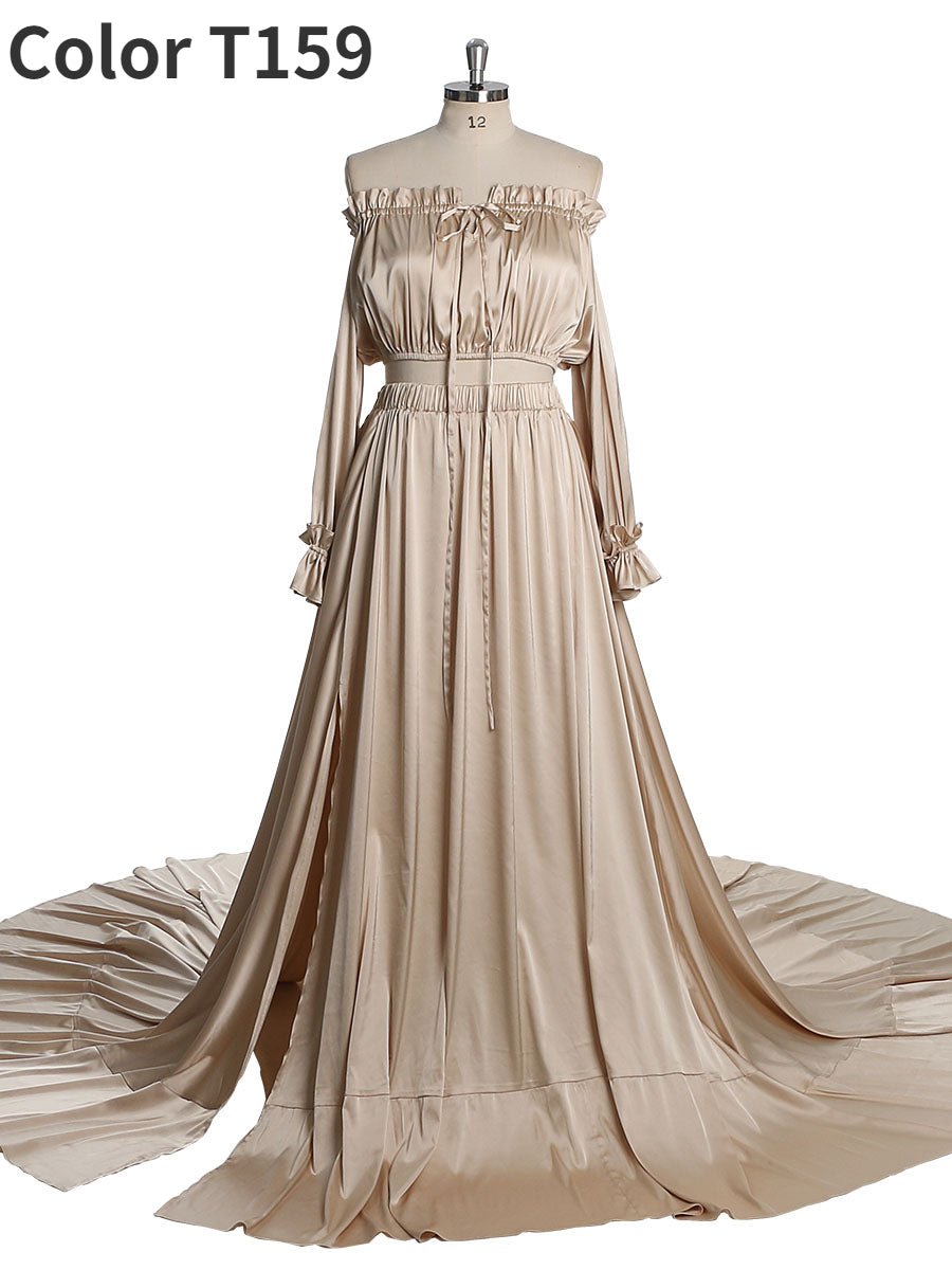 Weiches schulterfreies Satin-Umstands-/Nicht-Umstandskleid für Fotoshootings, Fotokleider mit Seitenschlitz, ausgefallene Foto-Requisiten, YEWEN YD21801-1