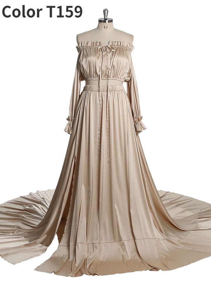 Weiches schulterfreies Satin-Umstands-/Nicht-Umstandskleid für Fotoshootings, Fotokleider mit Seitenschlitz, ausgefallene Foto-Requisiten, YEWEN YD21801-1