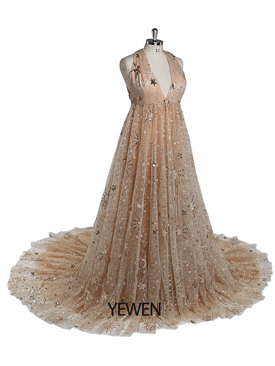 Champagner Glitzer Pailletten V-Ausschnitt Abendkleid Langes Damen Formales Partykleid Seitenschlitz Umstandskleid für Fotoshootings YEWEN YW211213 