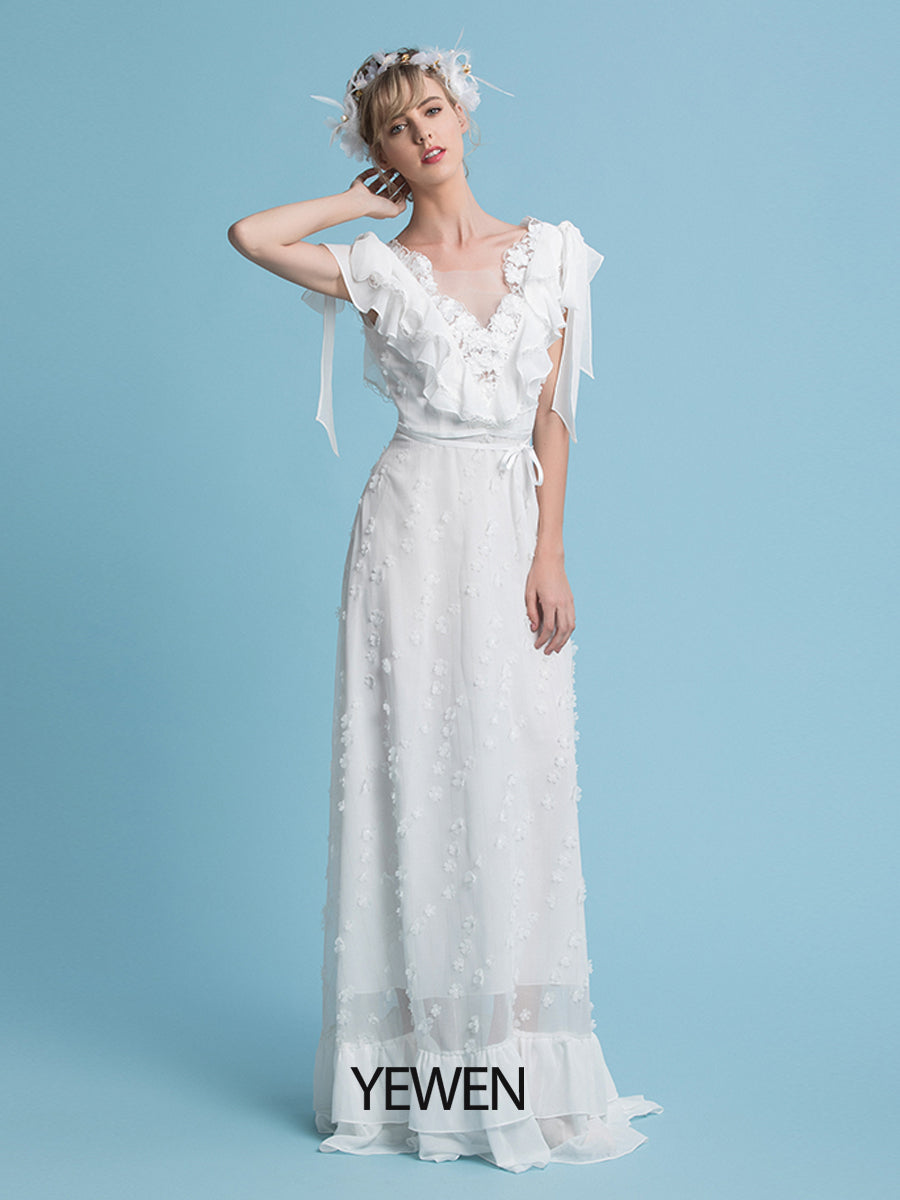 Romantische böhmische Brautkleider V-Ausschnitt Chiffon Boho Hochzeit Brautkleid 