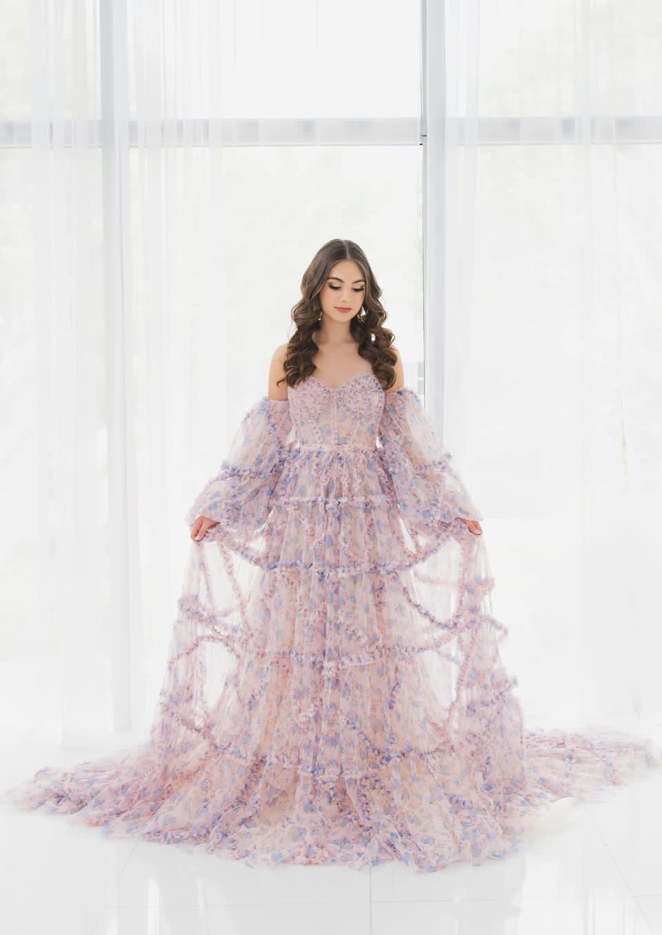 Elegant Floral Tulle Maxi Dress with Sleeves , Woman Photoshoot Dress
