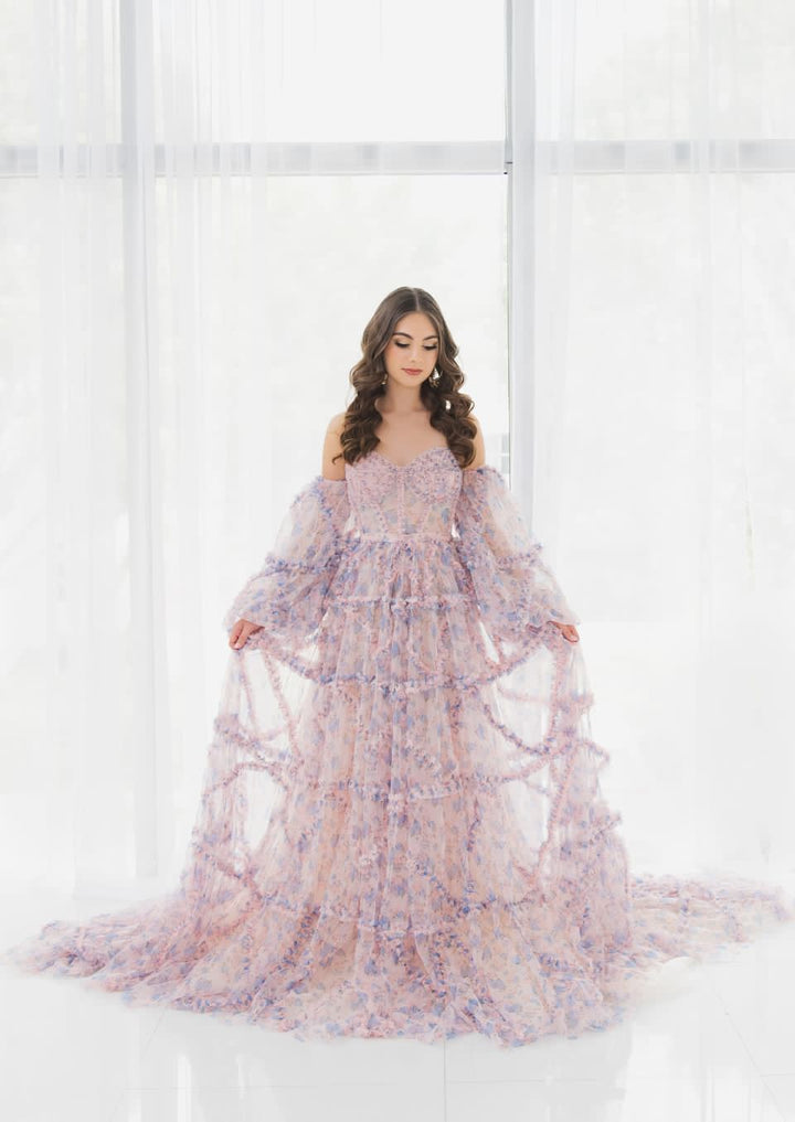 Elegant Floral Tulle Maxi Dress with Sleeves , Woman Photoshoot Dress