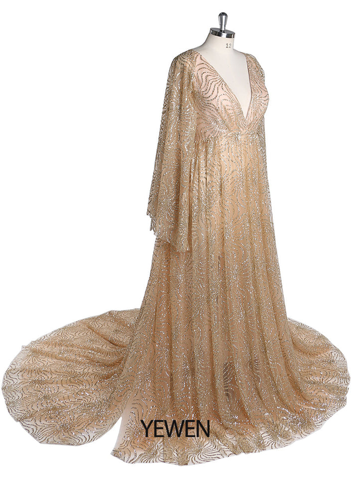 Champagner-Gold-Glitter Umstandskleider für Fotoshootings Verstellbare Taille Schwangerschaftsfotografie Robe Babypartykleid YW220402-2 