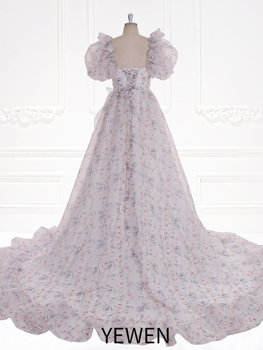Print Floral Prom Dress Long Train Fancy Photo Shoots Gown Silk Soft Organza Maxi Dress YW231108