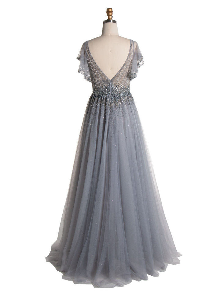 Elegantes Ballkleid mit V-Ausschnitt und silberner Perlenstickerei YE2553 