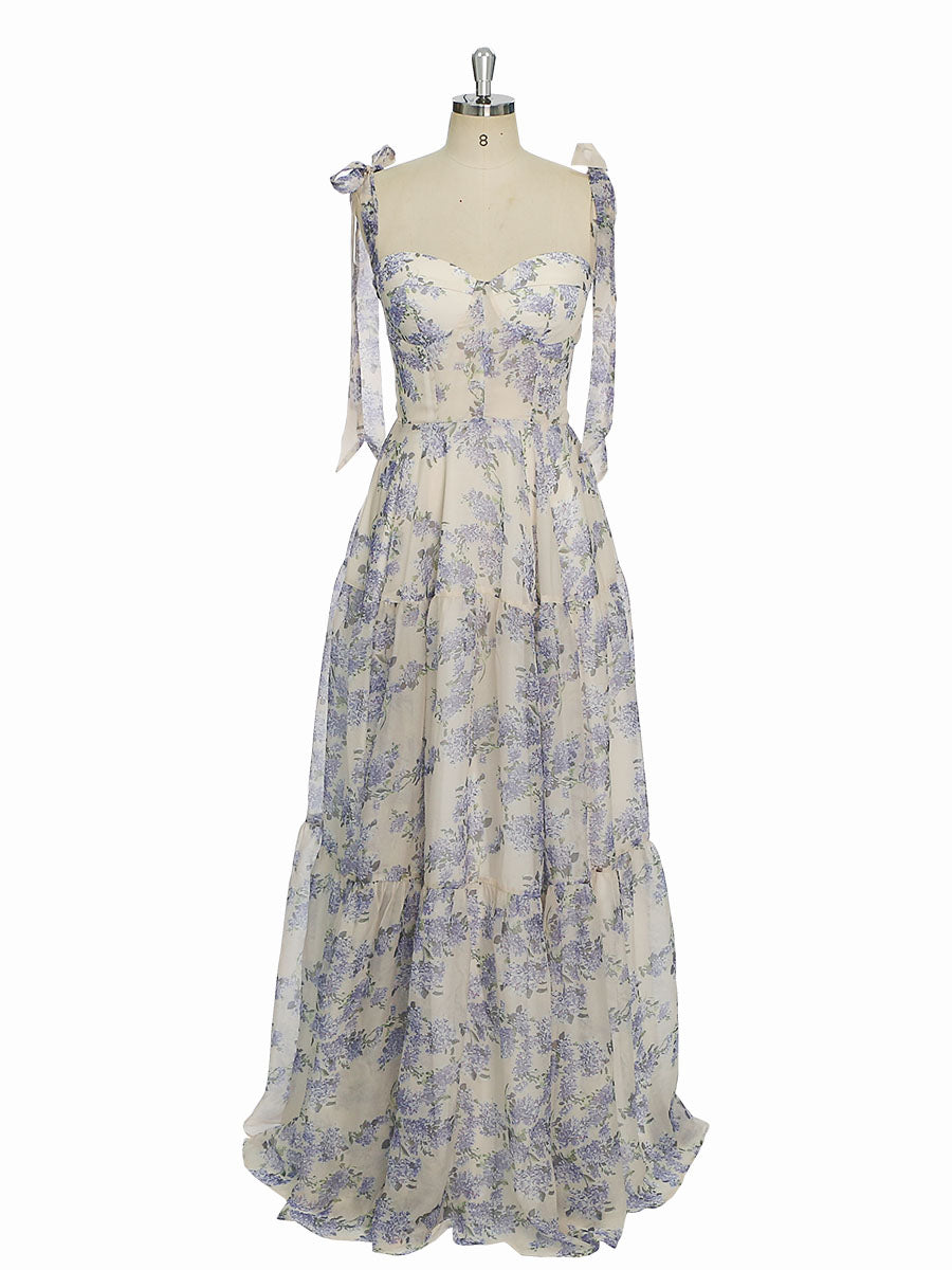 Fashion Sleeveless Blue Floral Print, Prom Dress 