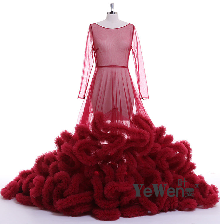 8005 Sexy Maxi-Brautkleid mit Rüschen, langen Ärmeln, durchsichtig, Umstandskleider für Fotoshootings, YEWEN 
