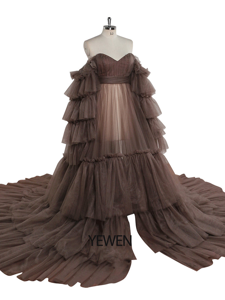 Neuankömmling Tüll Umstandskleid für Fotoshootings Gekräuseltes Spitzen-Abendkleid Fotografie Kleid YEWEN YW220934 