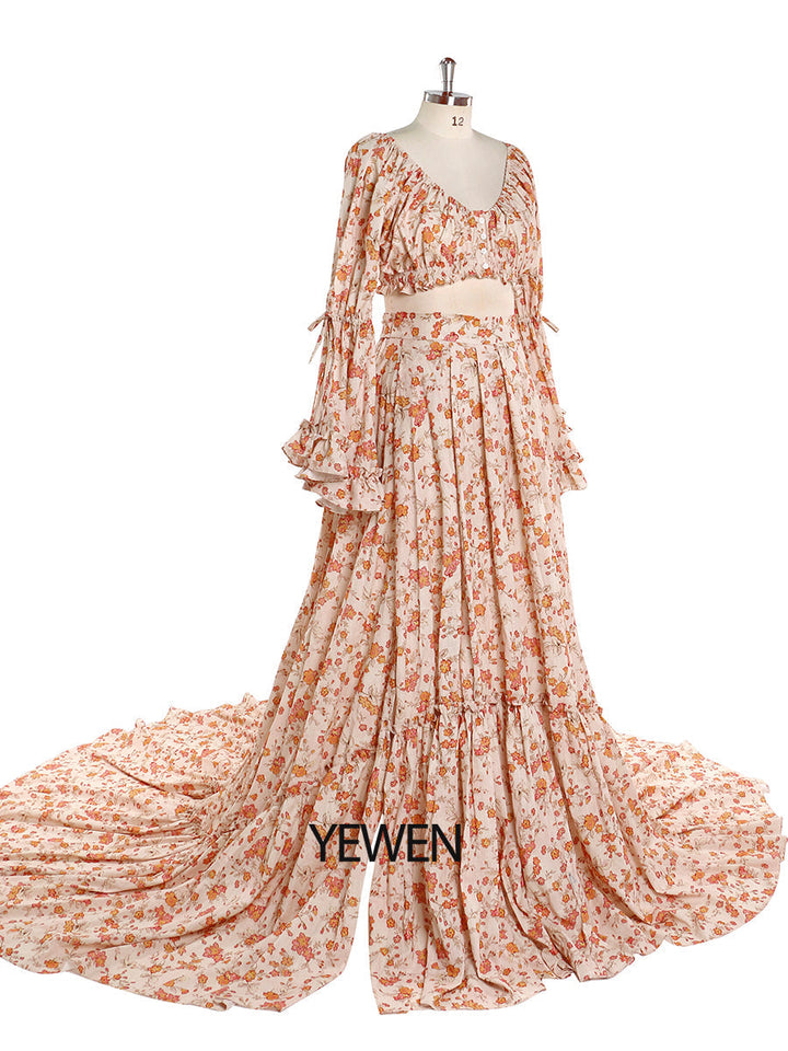 Elegantes Maxikleid aus Baumwolle mit Blumendruck für Damen, Boho-Strandkleid, 2-teilig, ausgefallene Fotografie-Requisiten, YD211008