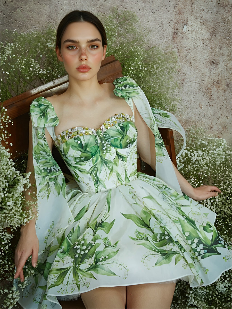 Grünes Midi-Ballkleid mit Blumenmuster, Cocktailparty, Heimkehrkleid 