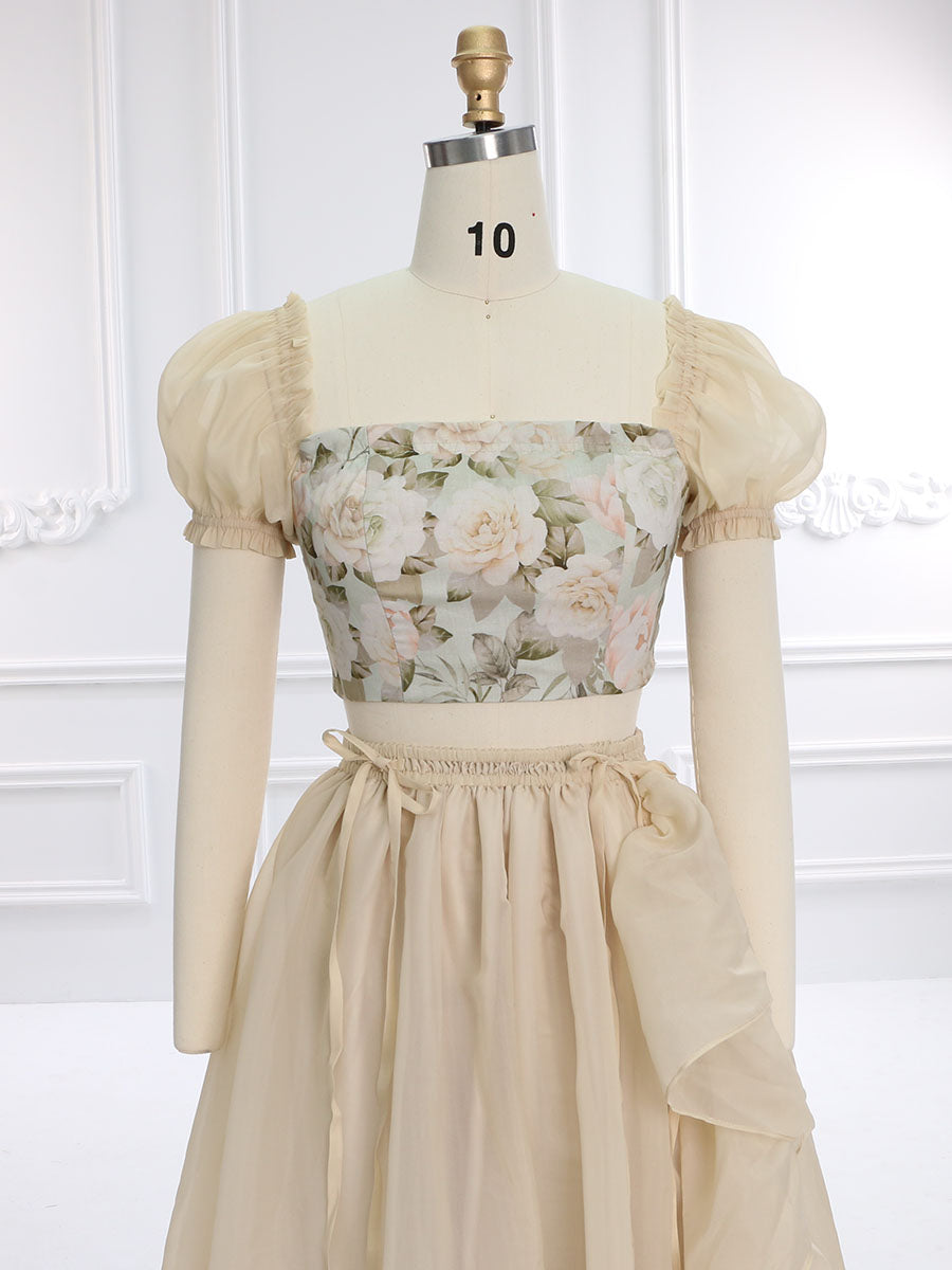 Boho Druck Floral Baumwolle Top Rüschen Rock Maxi Kleid Foto-shooting Kleider Outfit YW231143 