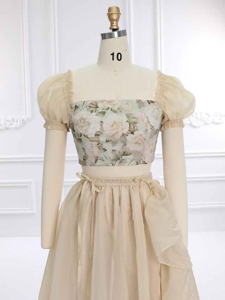 Boho Druck Floral Baumwolle Top Rüschen Rock Maxi Kleid Foto-shooting Kleider Outfit YW231143 