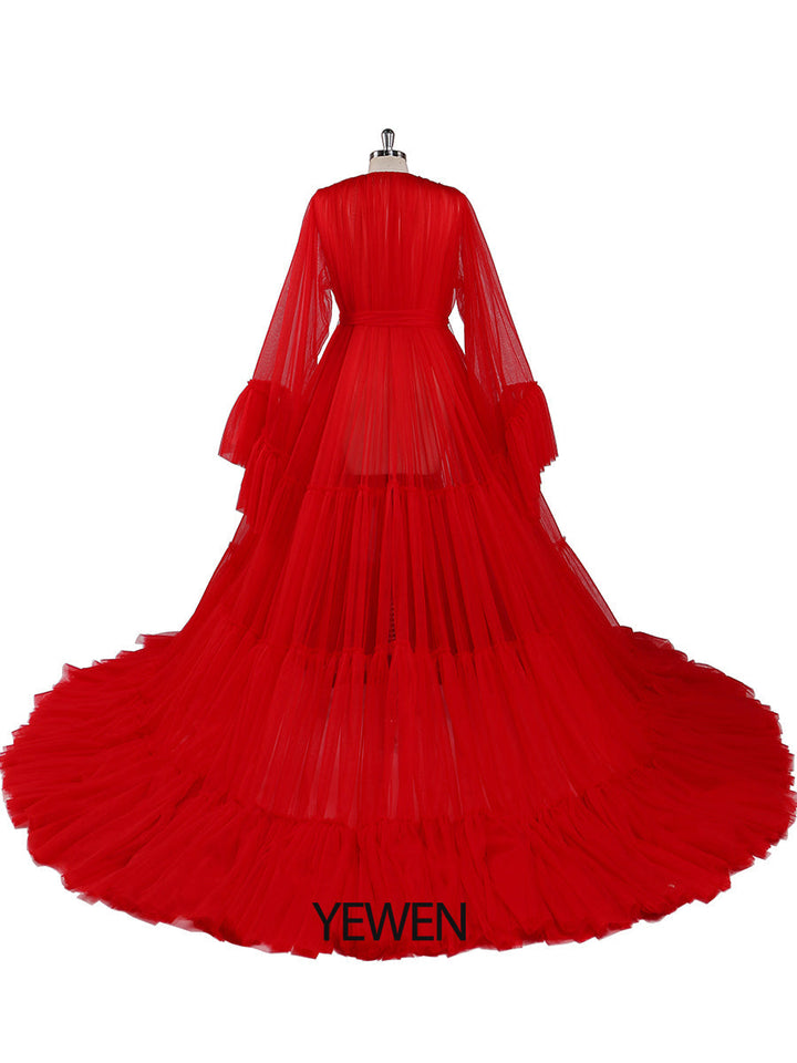 Langärmliges Ballkleid mit großem Rock, V-Ausschnitt, A-Linie, Party-Maxi-Abendkleid, Fotoshooting-Kleid