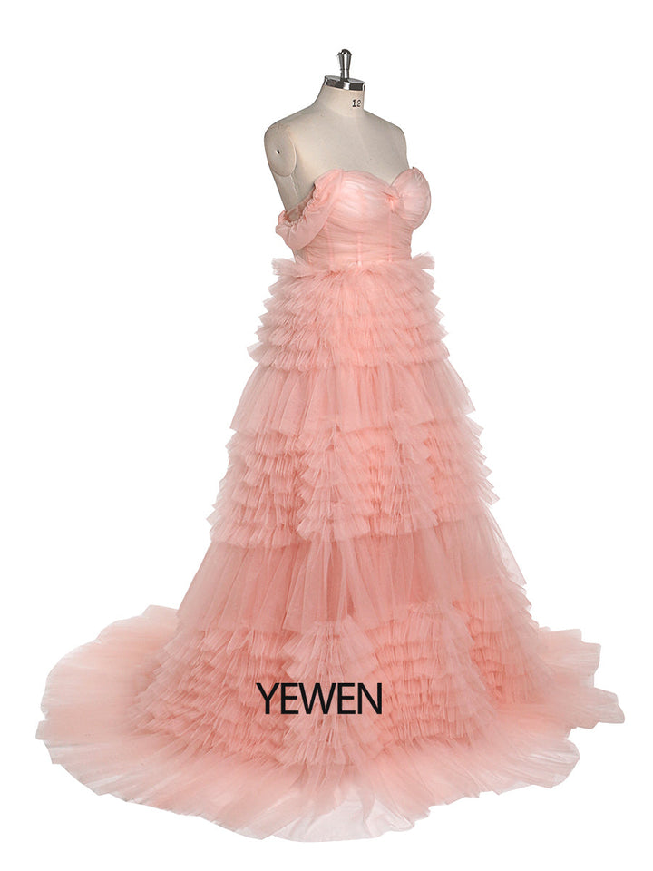 Gestuftes Tüll-Ballkleid, lang, elegant, schulterfrei, Sweetheart, Damen-Fotografie-Kleid, YEWEN