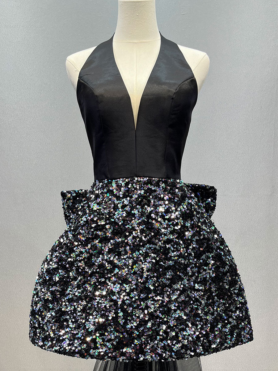 Wunderschönes kurzes schwarzes Ballkleid mit V-Ausschnitt für Mädchen, Partykleider YE3027 
