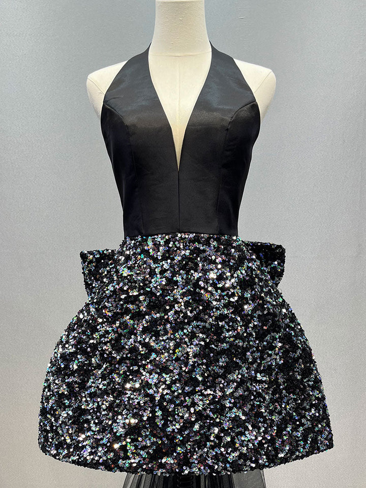 Wunderschönes kurzes schwarzes Ballkleid mit V-Ausschnitt für Mädchen, Partykleider YE3027 