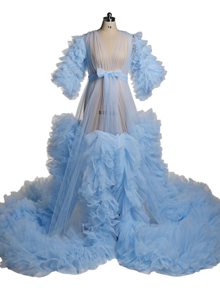 Tüll Rüschen Kurzarm Grünes Umstandskleid für Fotoshooting Kleid Babyparty 