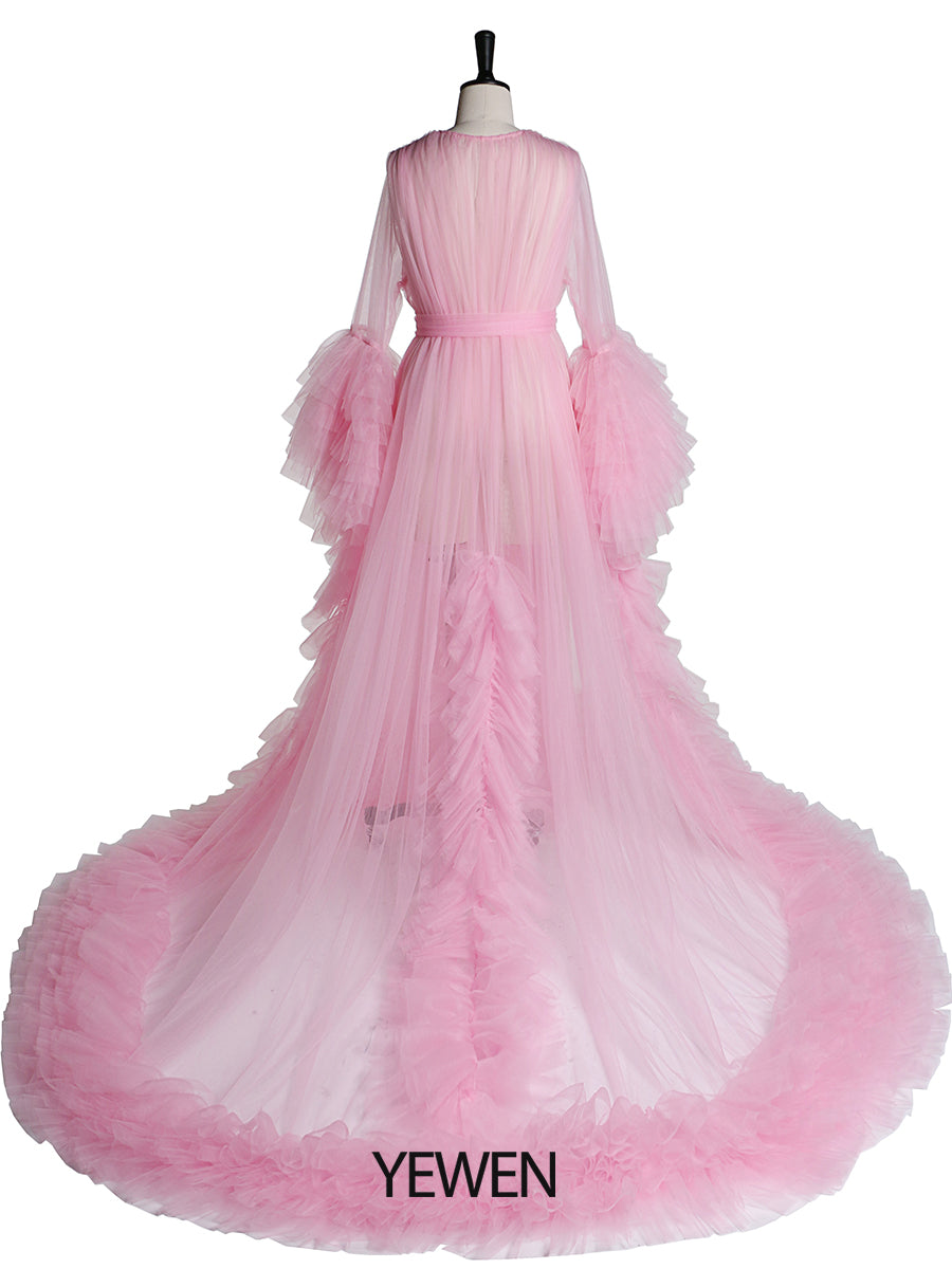 Langärmliges Umstandskleid für Fotoshootings, gerüschtes Tüllkleid mit V-Ausschnitt, Party- und Abendkleid 
