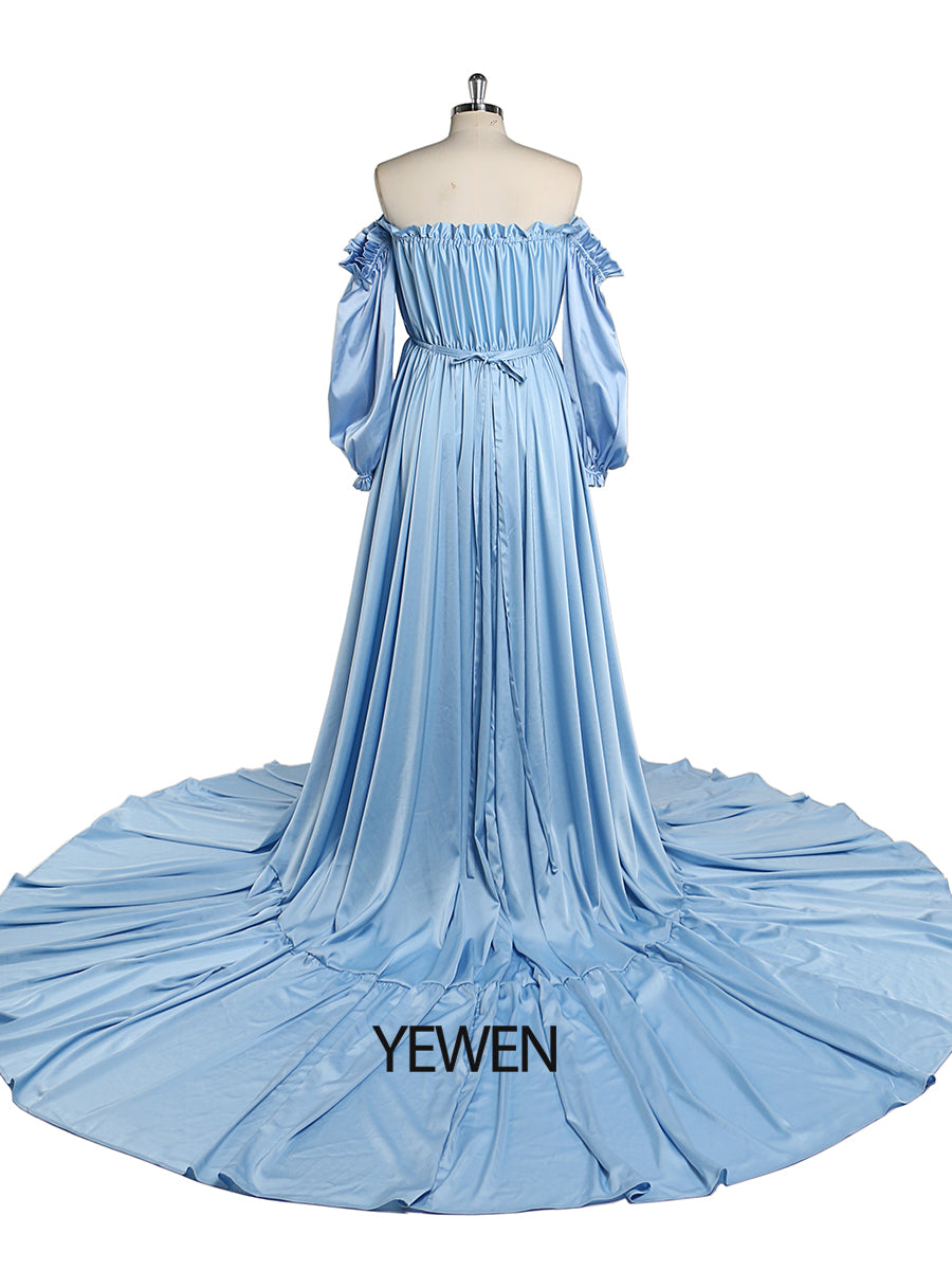 Schulterfreies Abendkleid mit langen Ärmeln und Schlitz vorne, Fotografie-Kleid, Umstandskleid für Babyparty, YEWEN YW220316 