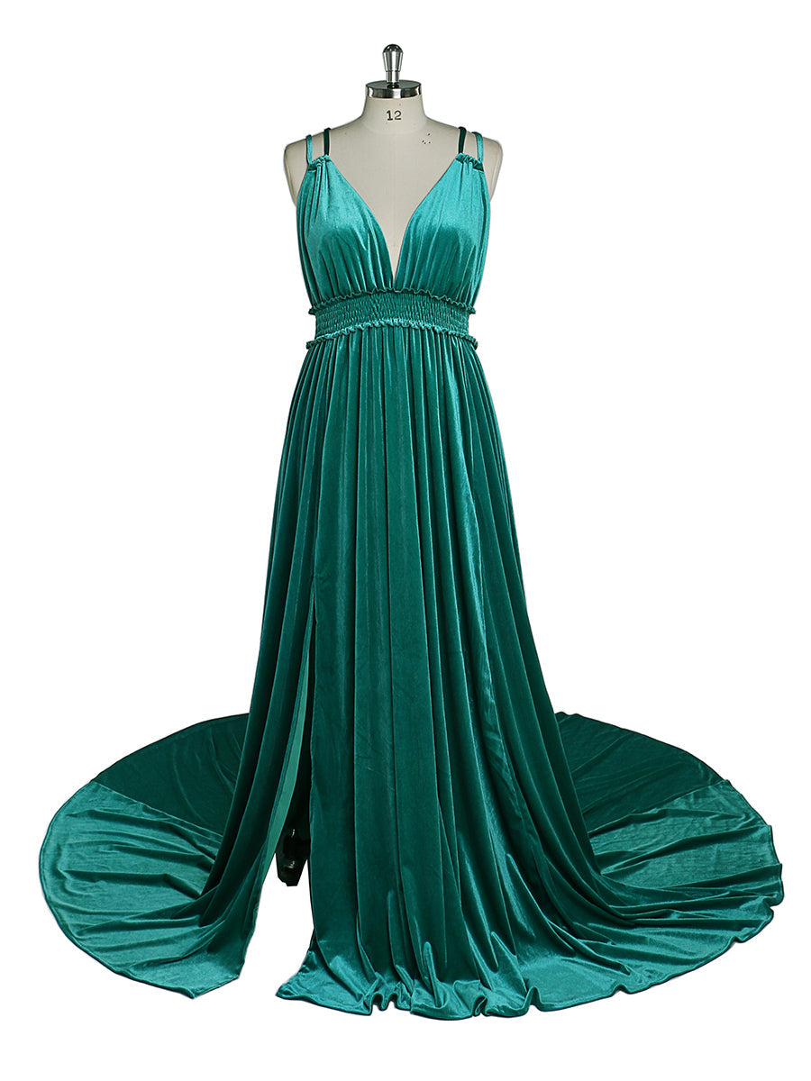 Samtkleid mit V-Ausschnitt, elastischer Taille und Seitenschlitz, langes Fotoshooting-Kleid YD21827 