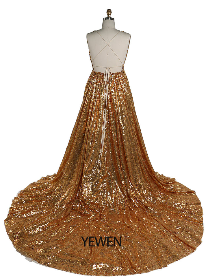 Gold Pailletten Elastische Taille Abendkleider Foto-Shooting Fotografie Kleid YW220401-1 