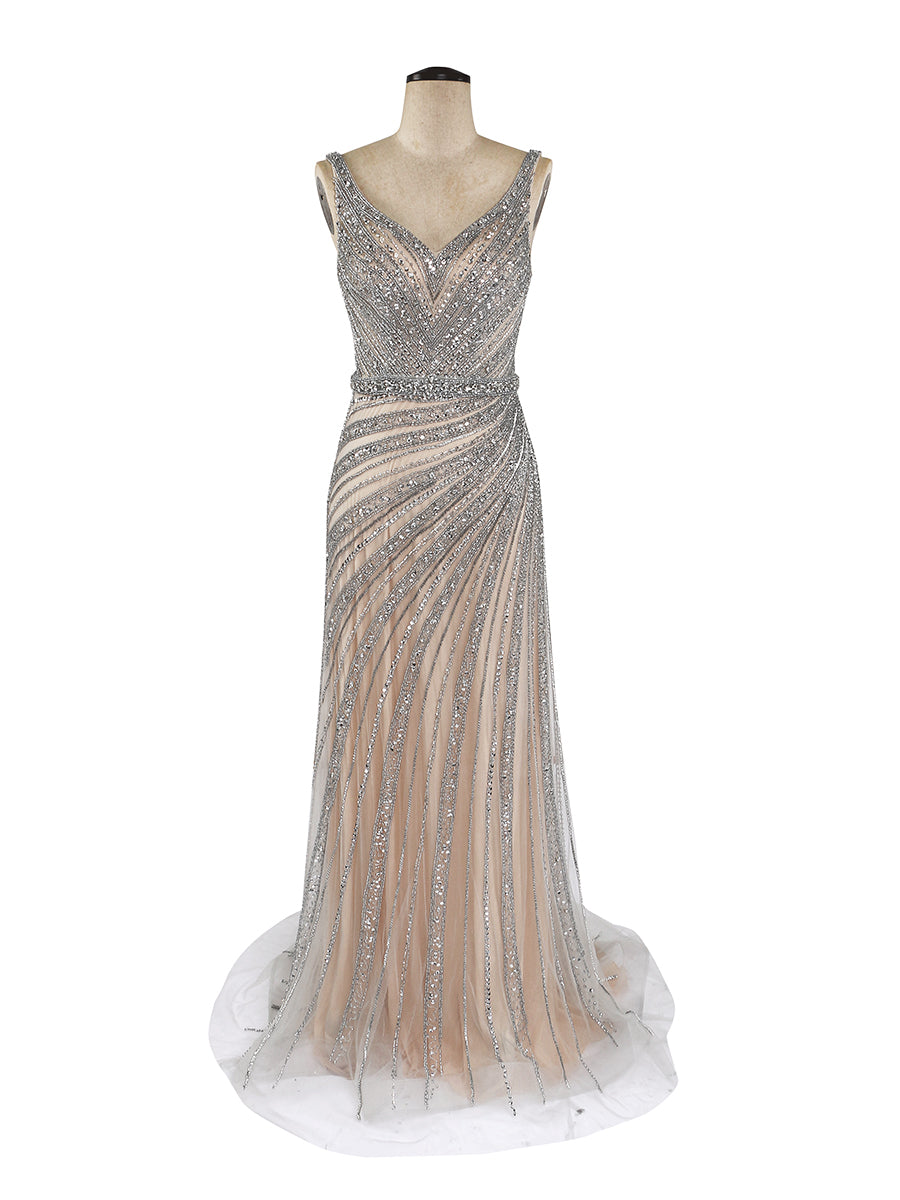 V-Ausschnitt Champagner Abendkleider 2024 Diamant Perlen Ärmellos Meerjungfrau Formelle Partykleid Reißverschluss Hinten YEWEN 