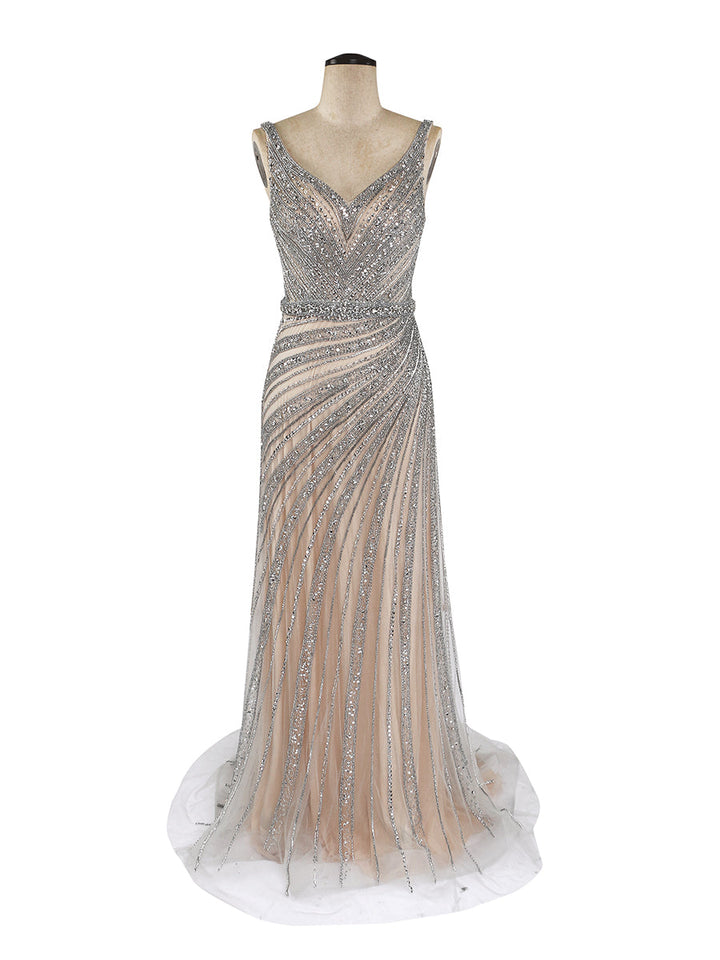V-Ausschnitt Champagner Abendkleider 2024 Diamant Perlen Ärmellos Meerjungfrau Formelle Partykleid Reißverschluss Hinten YEWEN 
