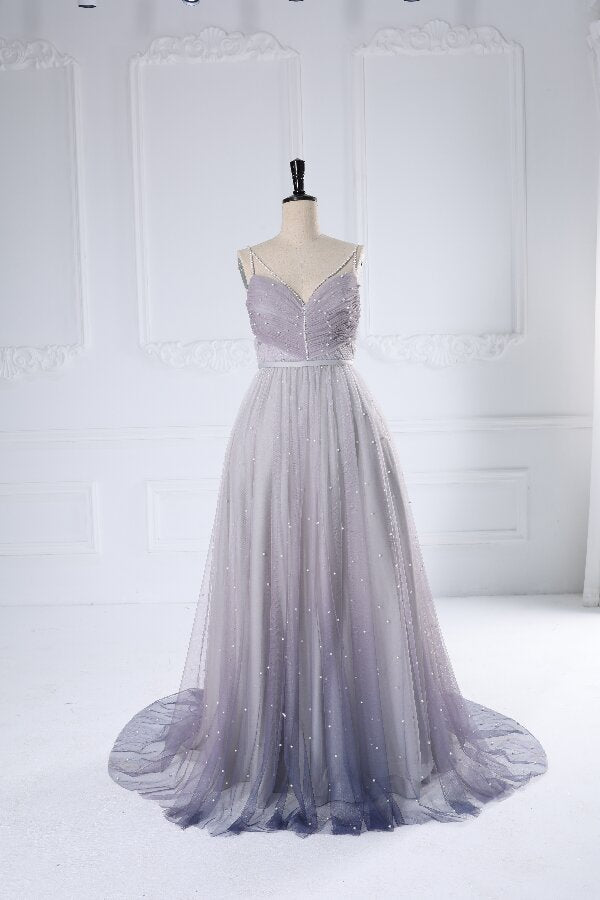 Criss-Cross Pearls Evening Dress V Neck Ball Gown Photo Shoot Dress 