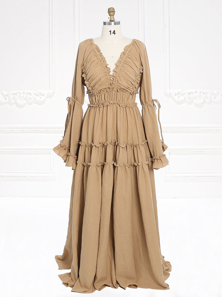 Lange Ärmel V-Rücken Elastische Taille Frau Boho Maxikleid Fotoshooting Kleider Outfit YW231112 