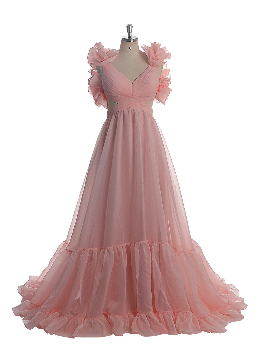 Maxikleid aus Seidenorganza, elegante Rüschen, rückenfrei, Ballkleider, Fotografie-Kleider YW221116