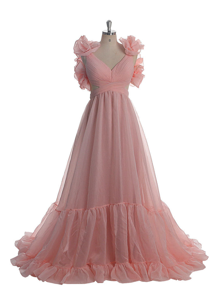 Maxikleid aus Seidenorganza, elegante Rüschen, rückenfrei, Ballkleider, Fotografie-Kleider YW221116