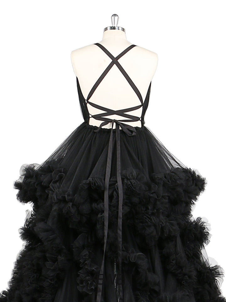 Schwarzes Umstands-Fotoshooting-Kleid mit V-Ausschnitt, gekreuzte Schnürung am Rücken, Babyparty-Kleid, Robe für Fotoshooting, YW220516 