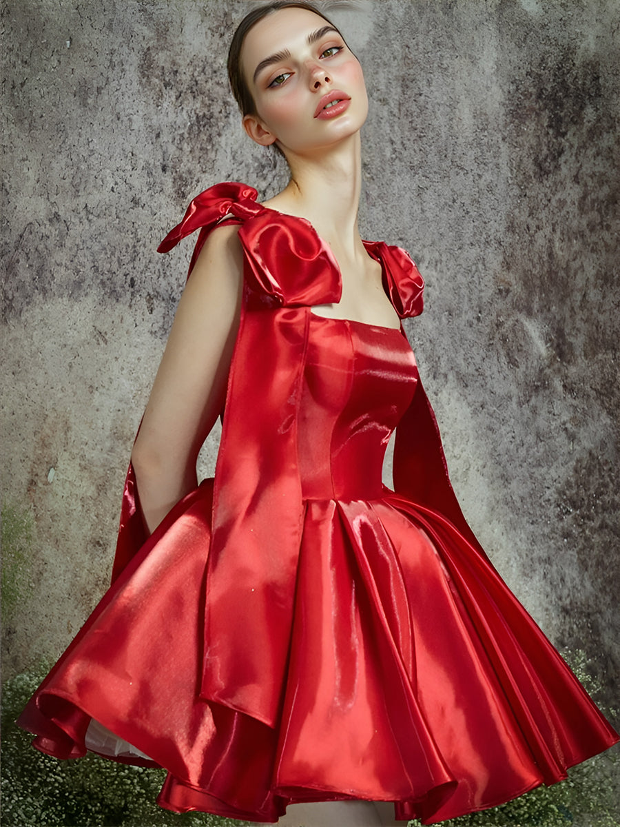 Modernes kurzes Abschlussball-Partykleid, individuelles Cocktailkleid, Schleife, verstellbare Träger, Puffrock, Heimkehrkleid