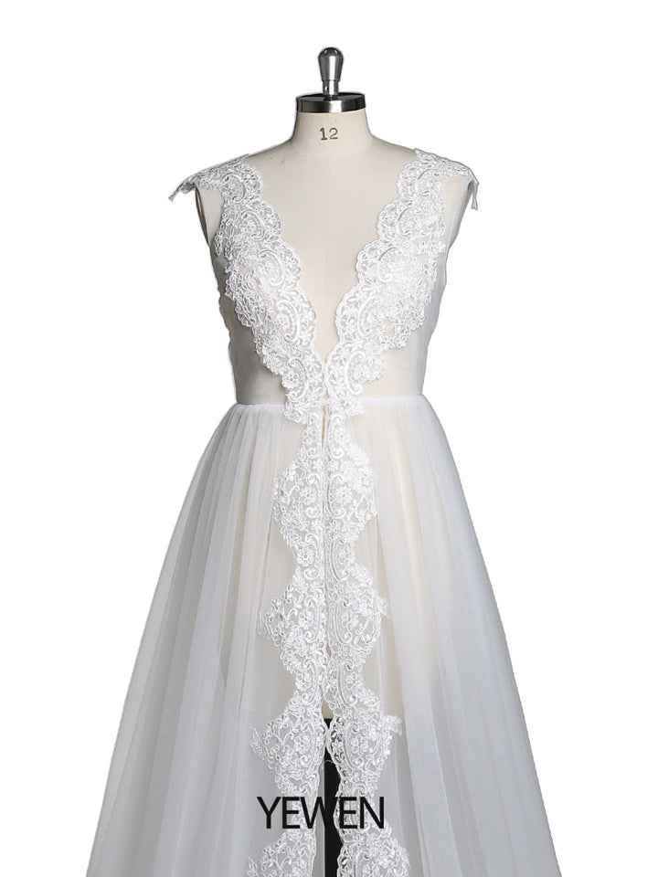 Elegantes ärmelloses sexy Tüll-Spitzen-Maxi-Brautkleid mit Schlitz, Umstandskleid für Fotoshooting 
