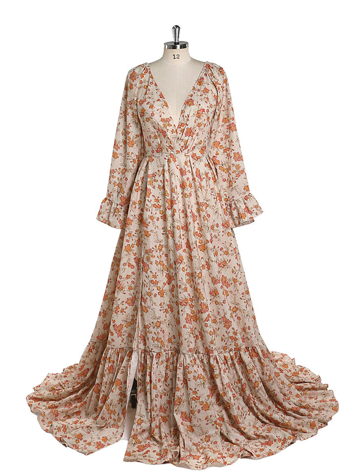 Elegant Cotton Floral Print Woman Maxi Dress Boho Beach Gown Adjustable Back Photography Props YW220810