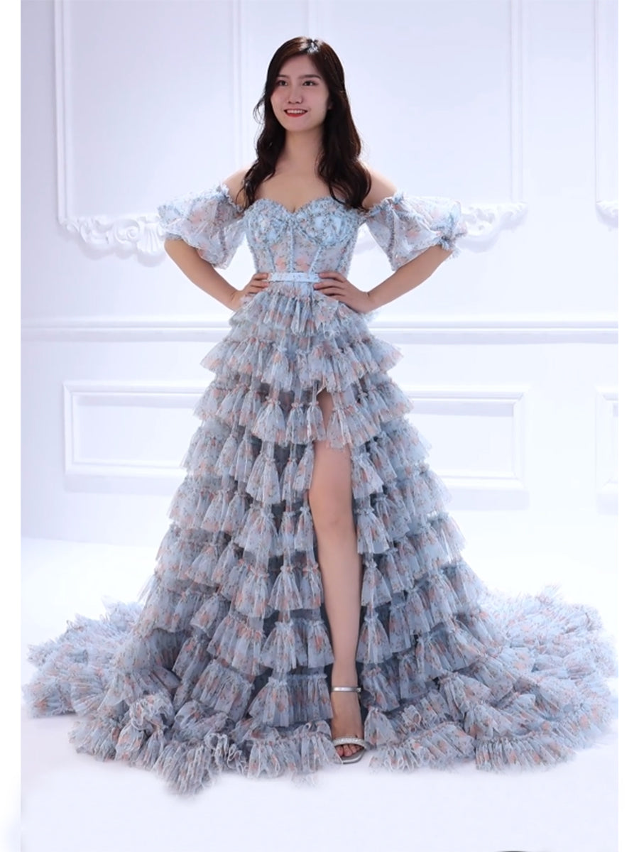 Off Shoulder Soft Tulle Floral Prom Gown Photo Shoot Dress YW231096
