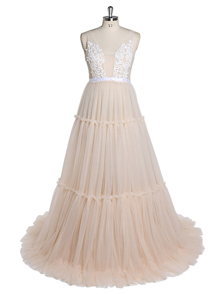 Ärmelloses Umstandskleid für Fotoshhot V-Ausschnitt Spitze Tüll Strand Brautkleid YD22603 