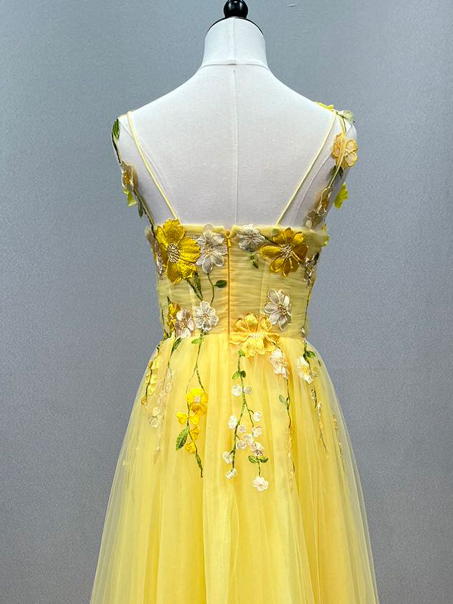 Gelbes Ballkleid mit floraler Spitzenapplikation für Feenmädchen, Partykleider YE3028 