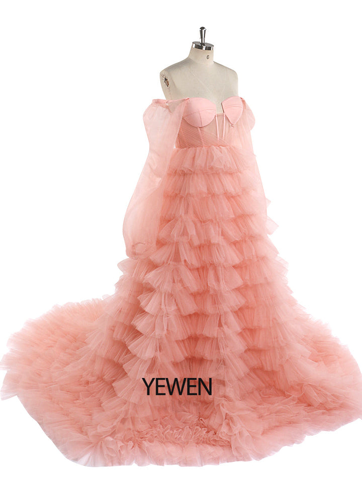 Schulterfreies Tüll-Abschlussballkleid in Rosa, Brautkleid, Fotoshooting-Kleider YW220828 