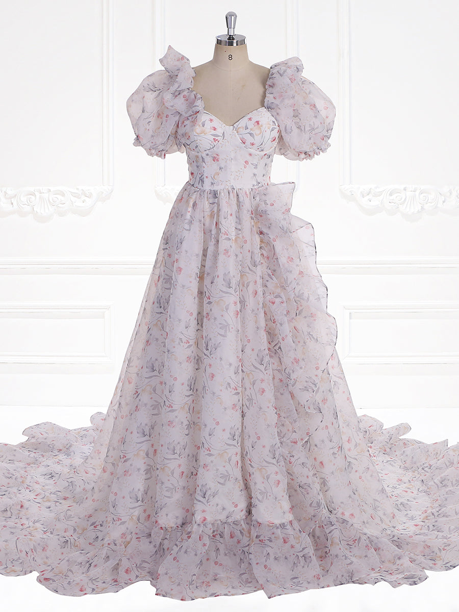 Print Floral Prom Dress Long Train Fancy Photo Shoots Gown Silk Soft Organza Maxi Dress YW231108