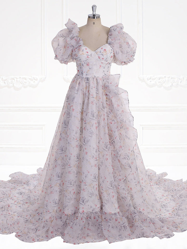 Print Floral Prom Dress Long Train Fancy Photo Shoots Gown Silk Soft Organza Maxi Dress YW231108