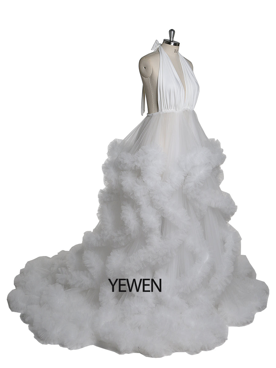 V-Ausschnitt Rückenfreies Wolkenrüschen Brautkleid Umstandskleid für Fotoshooting YW220116 