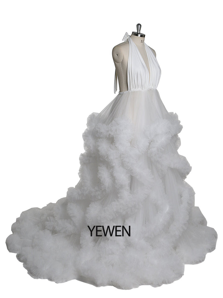 V-Ausschnitt Rückenfreies Wolkenrüschen Brautkleid Umstandskleid für Fotoshooting YW220116 