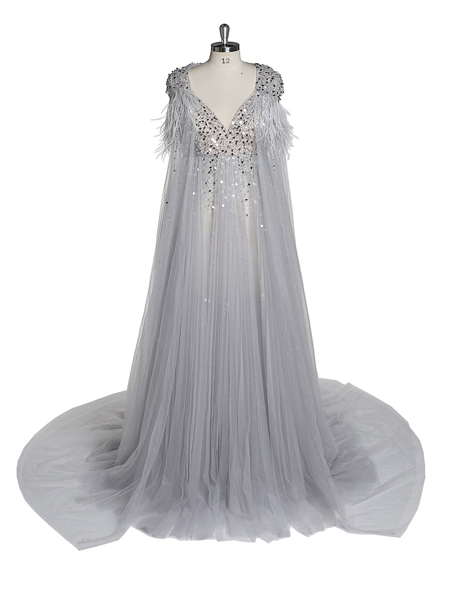 Silbernes Abendkleid aus Tüll mit Perlen und Cape, Umstandskleid für Fotoshootings, Fotografiekleid, Schnürung am Rücken 